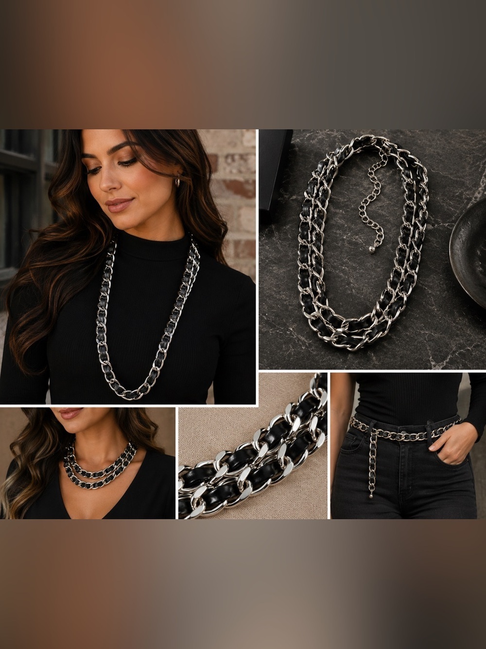 Silver & Black Chain Necklace | Woven Chain Statement Necklace Convertible Belt